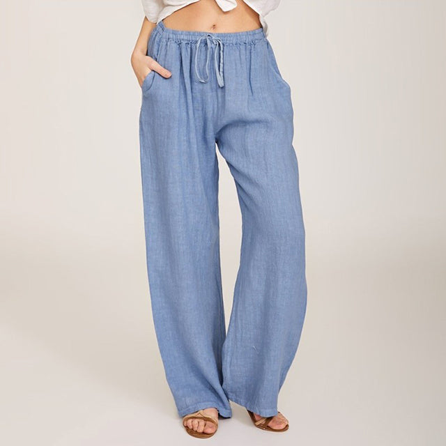 【Katoen En Linnen】Casual Broek Met Wijde Pijpen