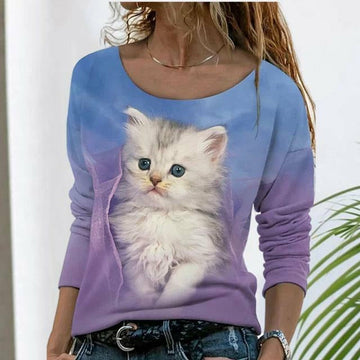 Casual T-Shirt Met Kattenprint