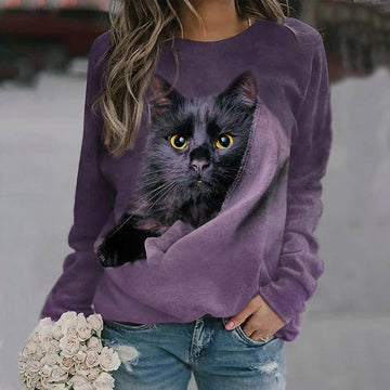 Casual Sweatshirt Met Kattenprint