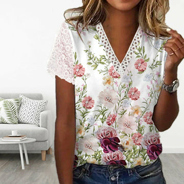 T-Shirt Met Patchwork Van Kant Met Bloemenprint