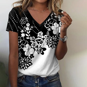 Klassiek Zwart-wit Bloemen T-shirt